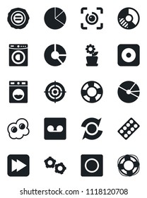 Set of vector isolated black icon - gear vector, circle chart, stamp, pills blister, fast forward, rec button, record, eye id, update, pie graph, target, washer, flower in pot, omelette