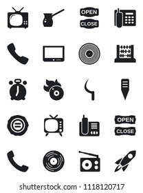 Set of vector isolated black icon - alarm clock vector, abacus, stamp, sickle, plant label, vinyl, flame disk, radio, tv, phone, call, office, open close, turkish coffee, rocket