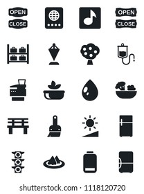 Set of vector isolated black icon - passport vector, luggage storage, pennant, water drop, bench, dropper, traffic light, low battery, themes, brightness, music, copier, fruit tree, serviette, salad