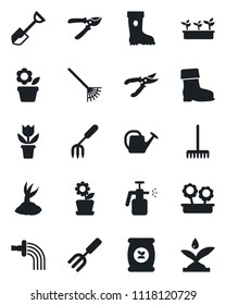 Set of vector isolated black icon - flower in pot vector, garden fork, shovel, rake, watering can, sproute, pruner, boot, seedling, sprayer, fertilizer, irrigation