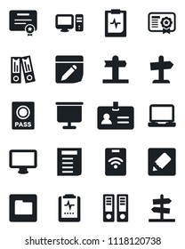 Set of vector isolated black icon - passport vector, identity, office binder, document, pulse clipboard, signpost, monitor, laptop pc, folder, notes, presentation board, pass card, certificate