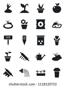 Set of vector isolated black icon - flower in pot vector, seedling, watering can, sproute, plant label, seeds, pond, oil barrel, rolling pin, apple fruit, water filter