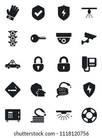 Set of vector isolated black icon - smoking place vector, alarm car, safe, glove, hose, traffic light, shield, protect, lock, key, intercome, home, surveillance, sprinkler, crisis management