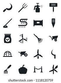 Set of vector isolated black icon - fence vector, garden fork, farm, rake, wheelbarrow, hoe, sickle, plant label, pumpkin, greenhouse, sprayer, fertilizer, drip irrigation, windmill