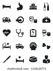 Set of vector isolated black icon - bed vector, heart pulse, doctor case, stethoscope, blood pressure, pills, ampoule, scalpel, tomography, ambulance car, hospital, stomach, broken bone, clipboard