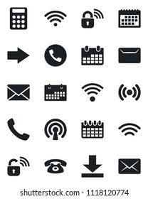 Set of vector isolated black icon - phone vector, right arrow, mail, calendar, call, download, wireless, calculator, lock