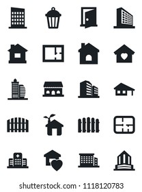 Set of vector isolated black icon - office building vector, fence, house, garden light, hospital, with garage, plan, sweet home, city, cafe, eco, door