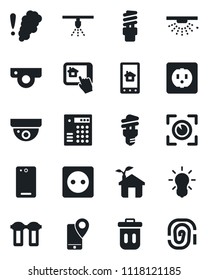 Set of vector isolated black icon - mobile tracking vector, phone back, eco house, socket, web camera, home control app, water filter, smoke detector, bulb, energy saving, eye scan, trash bin