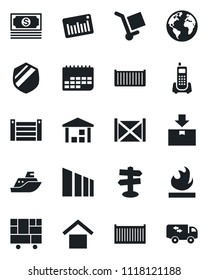 Set of vector isolated black icon - signpost vector, earth, cash, office phone, sea shipping, cargo container, term, consolidated, warehouse storage, package, sorting, shield, flammable, barcode