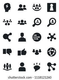 Set of vector isolated black icon - female vector, brainstorm, share, group, finger up, down, user, network, company, client search, consumer, social media