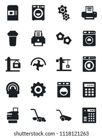 Set of vector isolated black icon - coffee machine vector, washer, gear, ripper, lawn mower, tomography, printer, copier, crane, water filter, combination lock