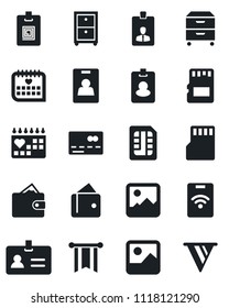 Set of vector isolated black icon - credit card vector, identity, medical calendar, gallery, sd, sim, archive box, pass, wallet, pennon
