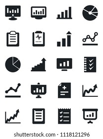 Set of vector isolated black icon - growth statistic vector, monitor, diagnosis, pulse clipboard, statistics, bar graph, pie, checklist, point, presentation
