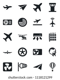 Set of vector isolated black icon - plane vector, airport tower, radar, departure, wind, helicopter, seat map, globe, air conditioner, fan, paper, balloon