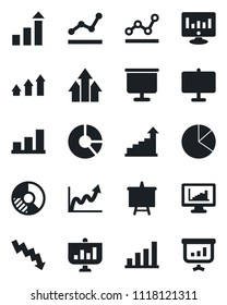 Set of vector isolated black icon - growth statistic vector, presentation board, crisis graph, monitor, circle chart, statistics, bar, pie, point, arrow up