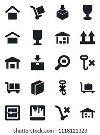 Set of vector isolated black icon - baggage trolley vector, fragile, cargo, warehouse storage, up side sign, no, hook, package, search, scanner, blank box