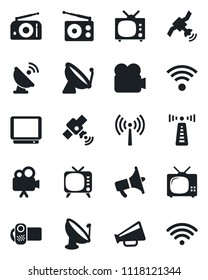 Set of vector isolated black icon - antenna vector, satellite, radio, loudspeaker, tv, video camera, wireless