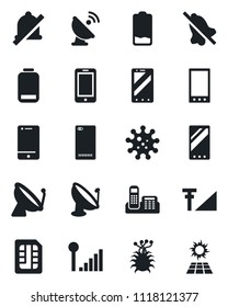 Set of vector isolated black icon - satellite antenna vector, mobile phone, virus, cell, low battery, back, sim, mute, cellular signal, office, sun panel