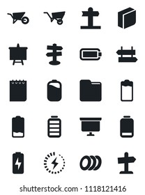 Set of vector isolated black icon - signpost vector, notepad, presentation board, wheelbarrow, battery, low, folder, charge, blank box, plates, guidepost