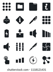 Set of vector isolated black icon - package vector, sorting, settings, touch screen, menu, folder, charge, application, pen, sound, information, social media