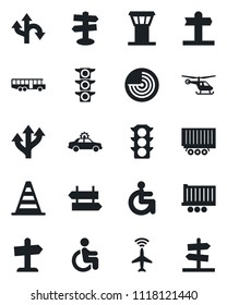 Set of vector isolated black icon - airport tower vector, plane radar, bus, signpost, alarm car, border cone, helicopter, disabled, route, traffic light, truck trailer, guidepost