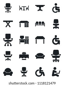 Set of vector isolated black icon - cafe vector, waiting area, disabled, office chair, desk, picnic table, cushioned furniture, restaurant, man with notebook