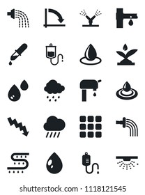 Set of vector isolated black icon - crisis graph vector, watering, water drop, rain, drip irrigation, dropper, menu, supply, sprinkler