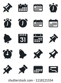Set of vector isolated black icon - alarm clock vector, drawing pin, calendar, term, paper, bell, schedule