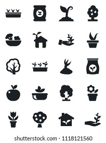 Set of vector isolated black icon - flower in pot vector, seedling, tree, sproute, fertilizer, fruit, salad, apple, eco house, palm