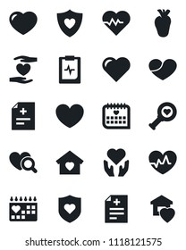 Set of vector isolated black icon - heart vector, pulse, diagnosis, diagnostic, shield, hand, real, medical calendar, clipboard, sweet home