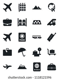 Set of vector isolated black icon - plane vector, taxi, suitcase, baggage trolley, airport bus, umbrella, passport, ladder car, seat map, luggage storage, scales, globe, mountains, case