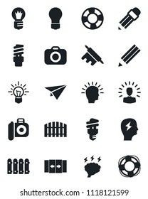 Set of vector isolated black icon - automatic door vector, brainstorm, bulb, camera, pencil, fence, rolling pin, energy saving, shining head, idea, paper plane, crisis management