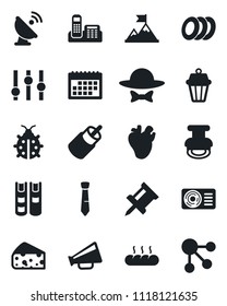 Set of vector isolated black icon - lady bug vector, real heart, satellite antenna, loudspeaker, settings, rca, calendar, drawing pin, office phone, tie, stamp, book, air conditioner, plates, bread