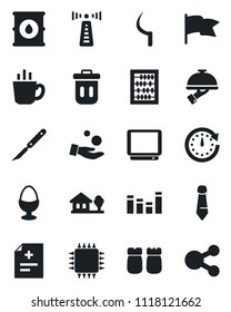 Set of vector isolated black icon - antenna vector, abacus, tie, sickle, diagnosis, scalpel, oil barrel, equalizer, tv, house with tree, coffee, waiter, egg stand, salt and pepper, chip, trash bin