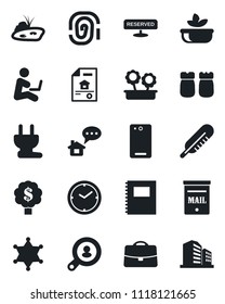 Set of vector isolated black icon - thermometer vector, phone back, case, copybook, clock, pond, mailbox, estate document, client search, flower in pot, reserved, salad, salt and pepper, power plug
