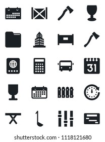 Set of vector isolated black icon - fence vector, airport bus, passport, axe, picnic table, term, container, fragile, settings, folder, calendar, office building, ladle, clock, calculator, schedule