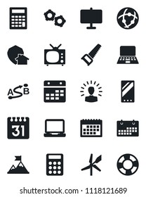 Set of vector isolated black icon - gear vector, notebook pc, saw, route, laptop, mobile, network, calendar, presentation board, calculator, tv, home protect, windmill, shining head, motivation