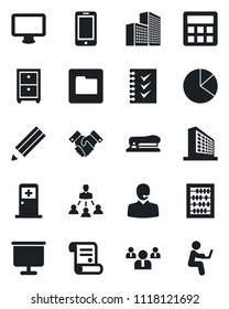 Set of vector isolated black icon - medical room vector, mobile phone, office building, team, abacus, contract, monitor, calculator, folder, presentation board, pie graph, support, checklist, pencil