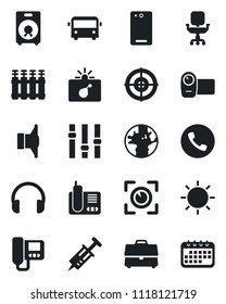 Set of vector isolated black icon - airport bus vector, phone, bomb in case, sun, syringe, earth, speaker, settings, video camera, headphones, radio, back, office chair, target, intercome, radiator