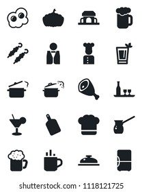 Set of vector isolated black icon - hot cup vector, pumpkin, waiter, cook, alcohol, hat, reception, cocktail, phyto bar, beer, cafe building, kebab, ham, cutting board, steaming pan, turkish coffee