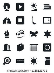 Set of vector isolated black icon - office building vector, tree, butterfly, sun, lungs, play button, stop, record, brightness, ink pen, blank box, plan, estate search, reserved, ladle, omelette
