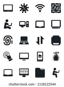 Set of vector isolated black icon - notebook pc vector, monitor pulse, virus, tv, touch screen, hdmi, folder, data exchange, wireless, chip, home control app, fingerprint, man with