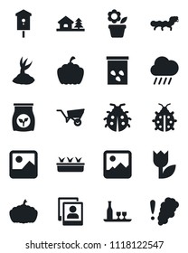 Set of vector isolated black icon - flower in pot vector, wheelbarrow, sproute, lady bug, seedling, rain, pumpkin, seeds, caterpillar, bird house, fertilizer, tulip, gallery, photo, with tree