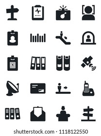 Set of vector isolated black icon - escalator vector, bomb in case, reception, book, pulse clipboard, barcode, satellite antenna, radio phone, mail, face id, identity card, paper binder, pass