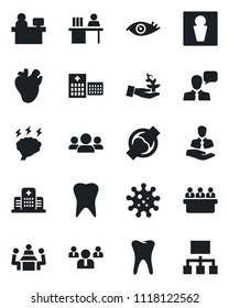 Set of vector isolated black icon - male vector, team, brainstorm, meeting, manager place, real heart, tooth, eye, joint, hospital, virus, client, speaker, desk, group, palm sproute, hierarchy