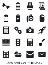 Set of vector isolated black icon - camera vector, printer, garden fork, broken bone, traffic light, chain, battery, mail, photo gallery, calculator, salad, rocket, cash