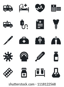 Set of vector isolated black icon - heart pulse vector, doctor case, diagnosis, blood test vial, dropper, thermometer, pills bottle, blister, ampoule, scalpel, tomography, ambulance car, lungs