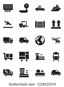 Set of vector isolated black icon - arrival vector, baggage conveyor, train, alarm car, fork loader, helicopter, airport building, earth, sea shipping, truck trailer, delivery, container, moving