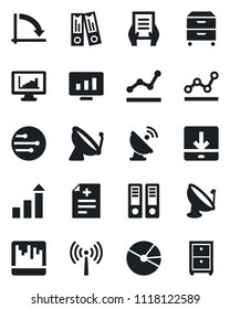 Set of vector isolated black icon - antenna vector, satellite, growth statistic, office binder, crisis graph, document, monitor, diagnosis, scanner, network, download, statistics, pie, point