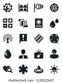 Set of vector isolated black icon - bomb in case vector, passport, wind, luggage storage, contract, water drop, heart diagnostic, pills blister, ambulance star, patient, important flag, reel, target